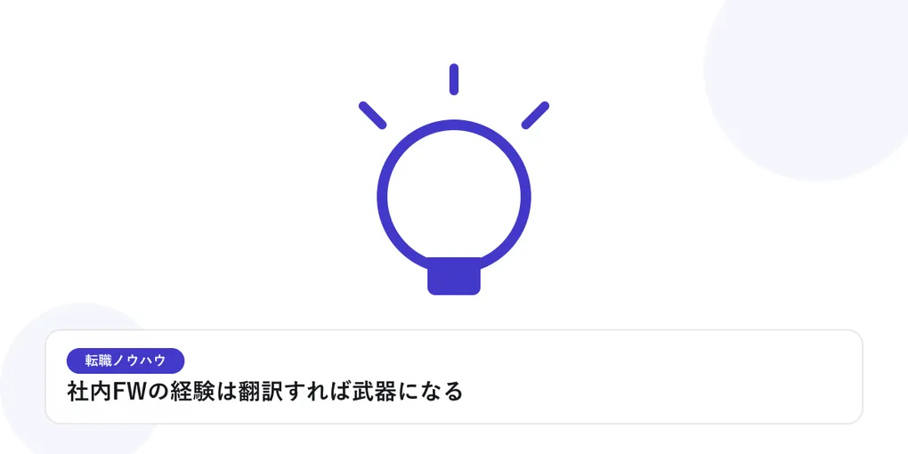 光を放つ電球で、転職活動のヒントやアイデアを表したイラストに「社内FWの経験は翻訳すれば武器になる」という見出しを添えたアイキャッチ画像
