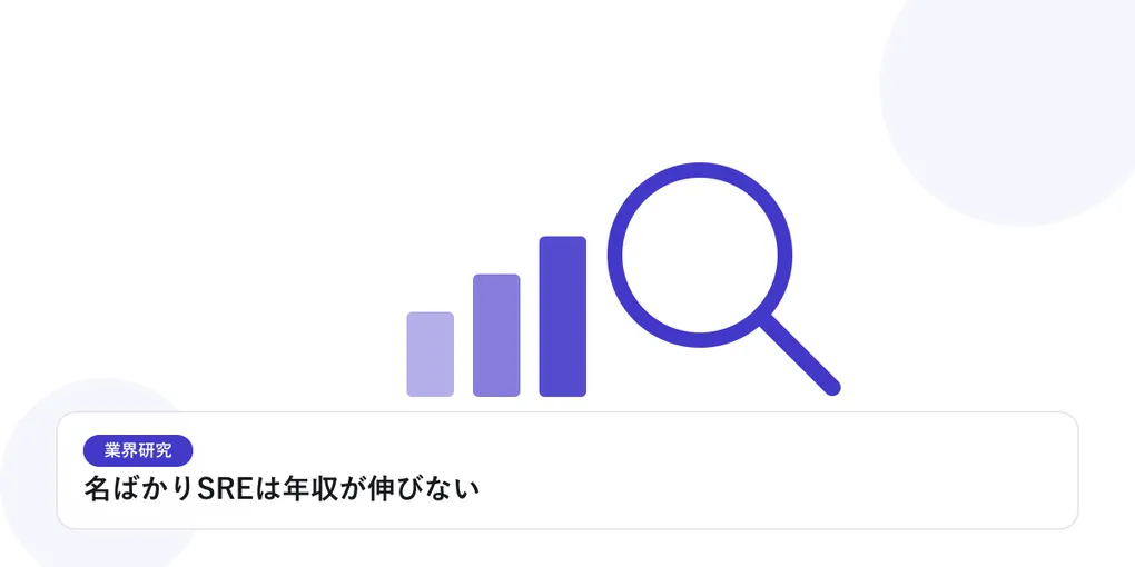 棒グラフと虫眼鏡で、業界データを比較・分析する様子を表したイラストに「名ばかりSREは年収が伸びない」という見出しを添えたアイキャッチ画像